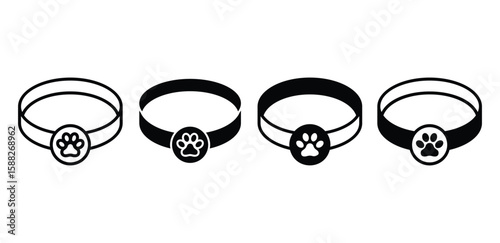 Pet Collar Icons Black and White Paw Print Vector Designs Illustration