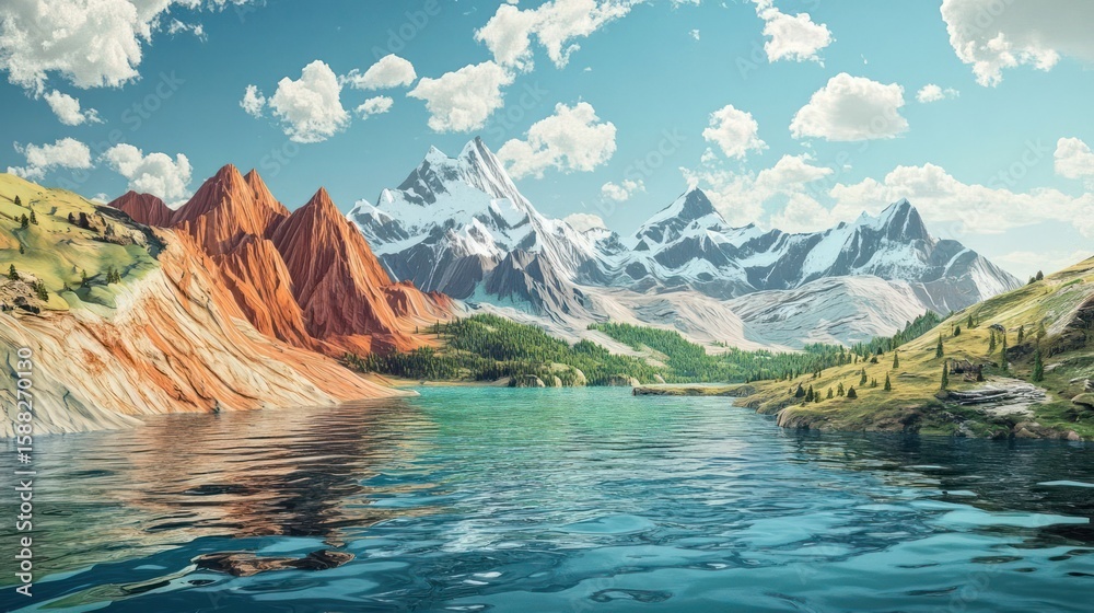 Obraz premium Serene landscape with turquoise lake reflecting rugged mountains, bathed in sunlight under a cloudy sky, showcasing a harmonious blend of vibrant natural colors and textures,