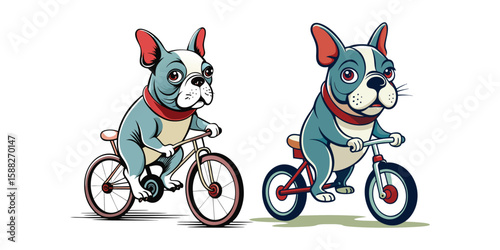 Cute French Bulldog riding a tiny tricycle, legs barely reaching pedals, adorable pet vector illustration, playful dog on bike, whimsical cartoon style