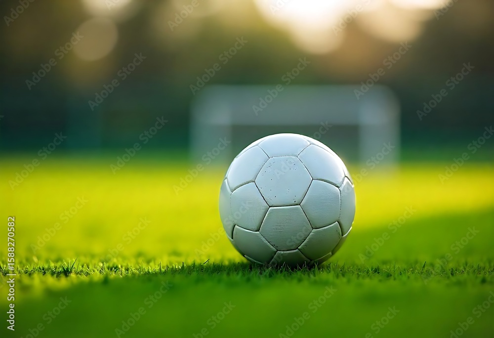 Fototapeta premium Generative AI Football on lush green pitch bathed in warm golden hour light