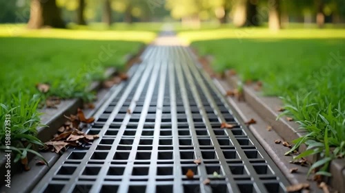 Outdoor drain cover on green grass in park, a functional structure. Outdoor drain cover prevents flooding, directing water away from walkways in landscape.