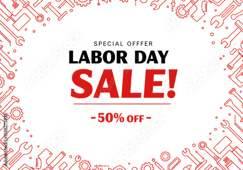 Labor Day Sale with Special Offer on White Background | Advertising Template with Red Mechanic Tools Border for Promotions and Marketing