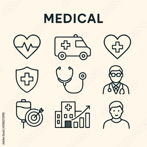 Healthcare and Medical Line Icons Set — Hospital, Doctor, Nurse, and Emergency Services Symbol Collection in Vector Format

