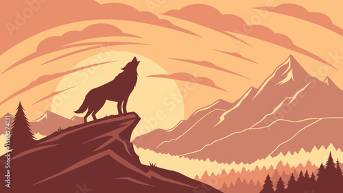 Wolf Silhouette on Mountain at Sunset