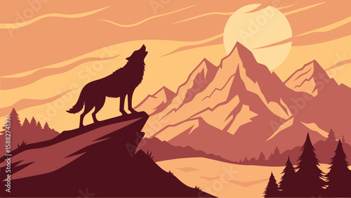Wolf Silhouette on Mountain at Sunset