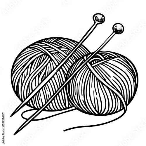 Minimalistic linear illustration of balls of yarn, skeins and threads. Hand drawn. Concept of knitting, handmade products and cozy hobbies. Black outline on white background, DIY and needlework.
