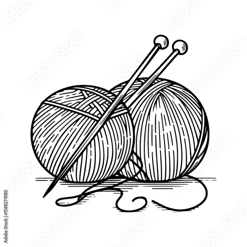 Minimalistic linear illustration of balls of yarn, skeins and threads. Hand drawn. Concept of knitting, handmade products and cozy hobbies. Black outline on white background, DIY and needlework.