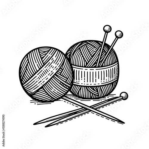 Minimalistic linear illustration of balls of yarn, skeins and threads. Hand drawn. Concept of knitting, handmade products and cozy hobbies. Black outline on white background, DIY and needlework.