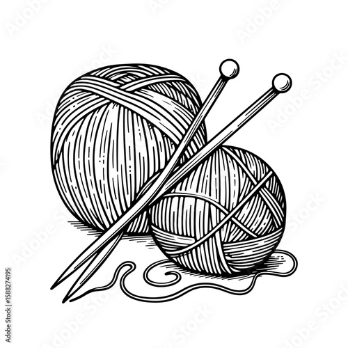 Minimalistic linear illustration of balls of yarn, skeins and threads. Hand drawn. Concept of knitting, handmade products and cozy hobbies. Black outline on white background, DIY and needlework.