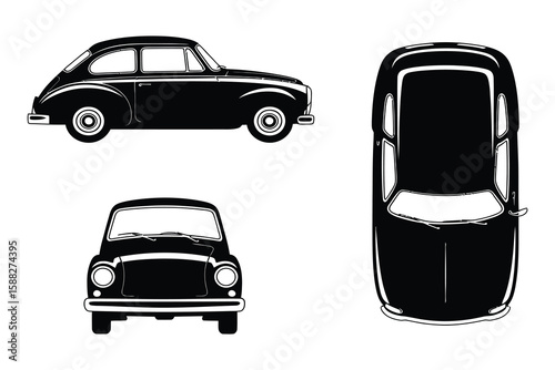 Black silhouette of a vintage car from three angles