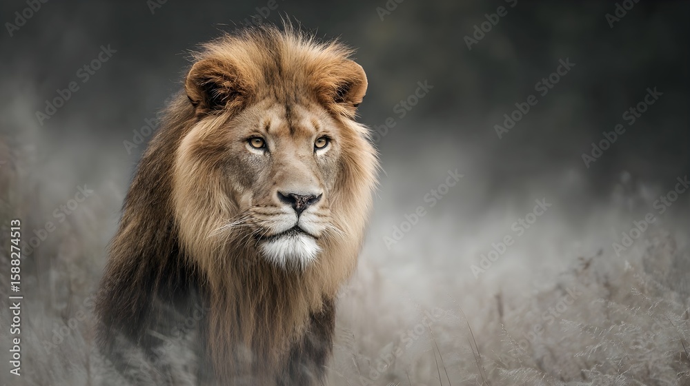 Obraz premium Majestic Lion with Golden Mane in Intense Stare, Against Ethereal Savannah Backdrop