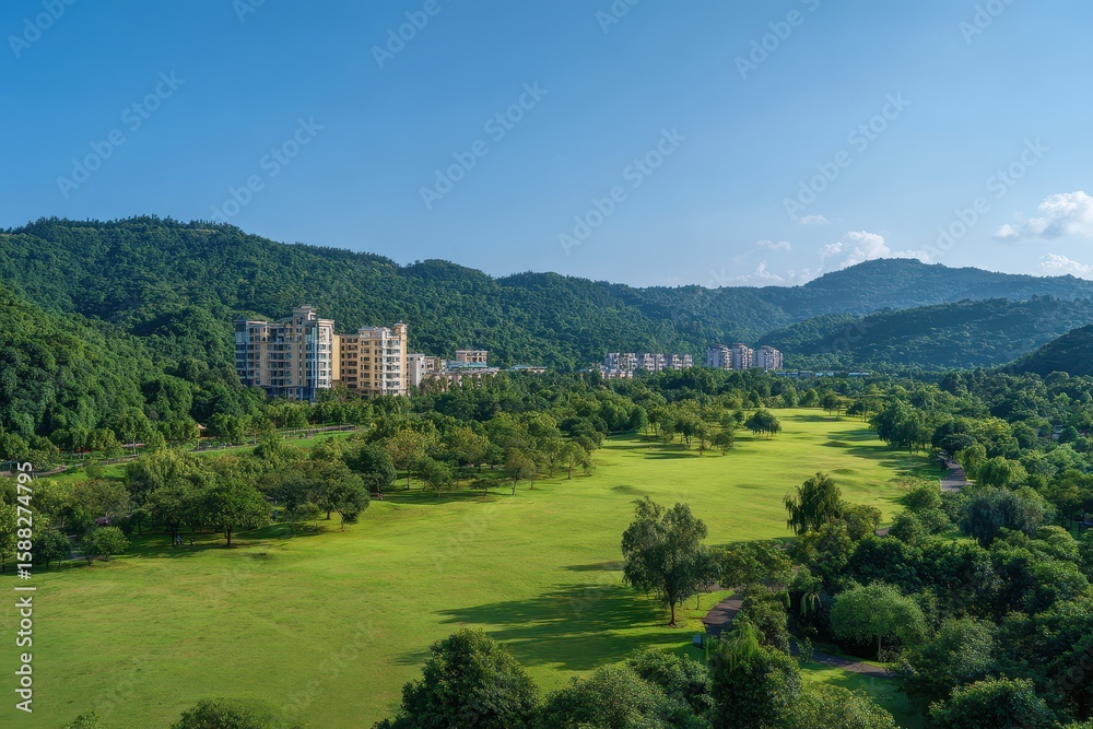 Fototapeta premium Lush green golf course with modern buildings nestled in mountains