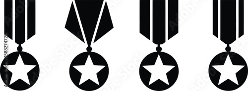 Four black star medals with ribbon attachments award