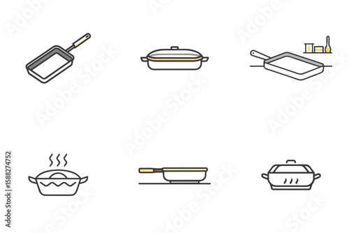 Set of dishes icon: baking tray, oven pan, frying pan, saucepan, pot for blogs, websites, clipart, kitchenware, cookware, cooking, educational and awareness materials, menu and recipe design
