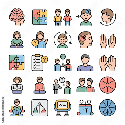 Colorful Collection of Diverse Psychology Icons Representing Brain Mind Thinking Teamwork Puzzle Solution Communication Question Mark Meditation Hands Therapy Chart Diagram
