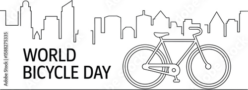 World Bicycle Day text with bicycle and city skyline illustration
