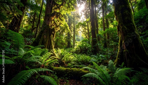 Fototapeta Naklejka Na Ścianę i Meble -  Lush rainforest canopy. Sunlight filters through dense foliage