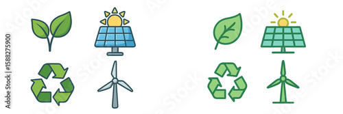Icons representing renewable energy sources and sustainability practices in a modern design context
