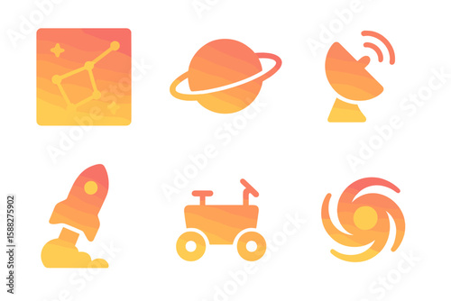 Colorful space-themed icons featuring a constellation, planet, satellite, rocket, rover, and spiral galaxy design