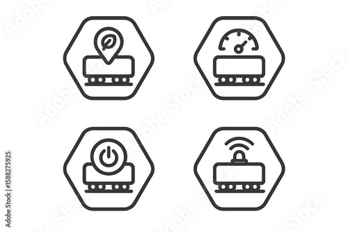 Icons representing various functionalities of a tracking system for vehicles in a modern urban environment for efficient logistics management