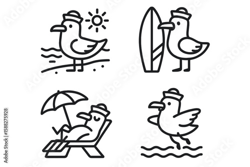 Seagulls enjoying a sunny beach day with surfing, relaxing, and swimming activities