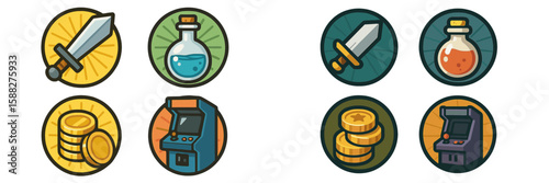 Colorful gaming badges featuring swords, potions, coins, and arcade machines highlighting popular gaming elements