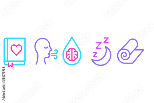 Wellness practices illustrated through icons for mindfulness, breathwork, and relaxation techniques at any time of day
