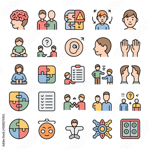 Collection of Colorful Line Icons Depicting Human Interaction Communication Problem Solving Teamwork and Mental Processes Including Brain Puzzle Pieces Checklist and People