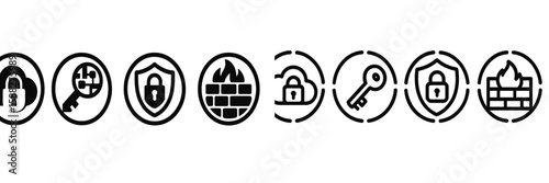 Symbols representing cybersecurity measures and data protection strategies with various locks and shields on a white background