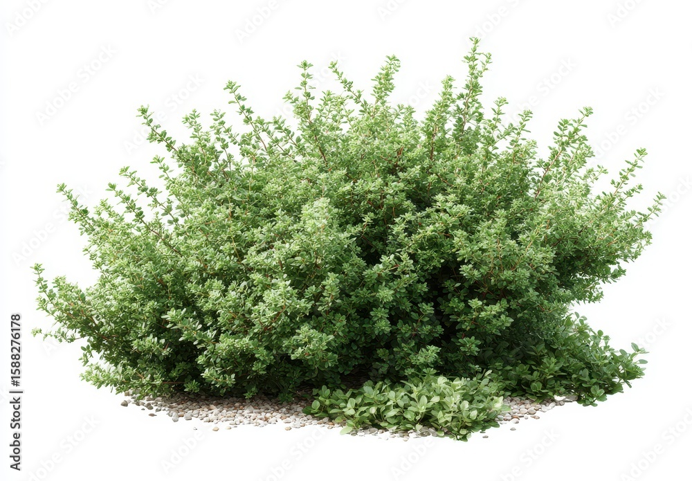 Fototapeta premium Lush green shrub, small leaves, on a bed of gravel