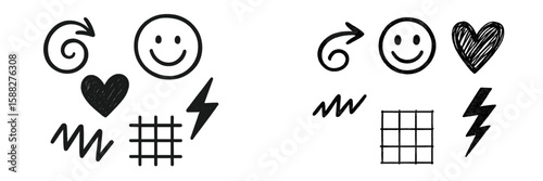 Creative doodles featuring smiley faces, hearts, and abstract shapes on a white background