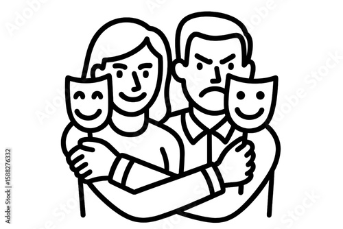 Individuals holding masks expressing contrasting emotions in a creative illustration