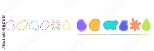 Colorful abstract shapes in a seamless pattern, featuring various fluid forms and silhouettes on a white background