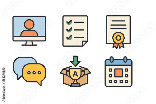 Digital tools for online learning and assessment featuring checklists, certificates, and communication icons