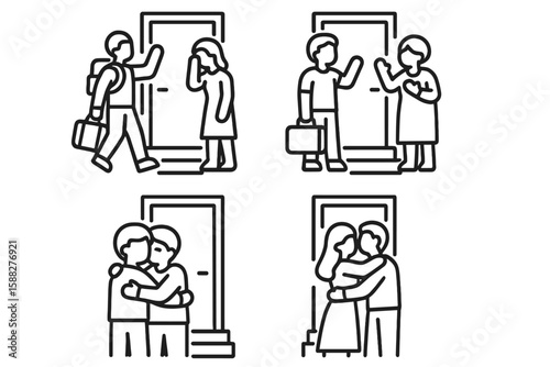 Friends greeting and embracing at a door during different times of the day in a cozy neighborhood setting
