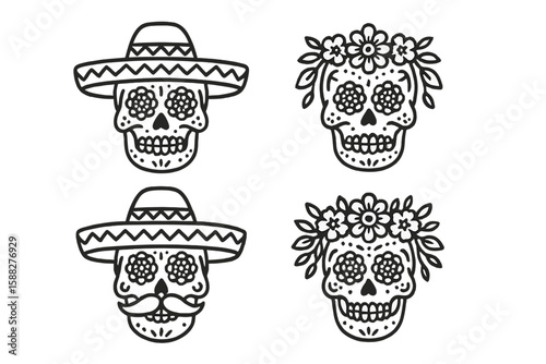 Colorful decorative skulls showcase traditional symbolism during cultural celebration in Mexico
