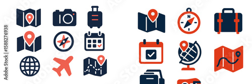Graphic design showcasing travel-related icons featuring maps, compasses, and luggage elements for exploration themes