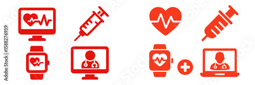 Health technology icons featuring medical tools and devices demonstrating remote healthcare support