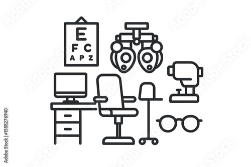 Optometry tools and equipment arranged in an office setup for eye examinations and vision assessments