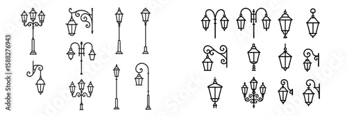 Unique collection of decorative street lamps in various designs and styles, showcasing urban lighting aesthetics and artistic features