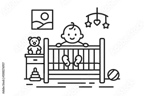 Baby in a crib playing with toys in a cozy nursery filled with colorful decorations during the day