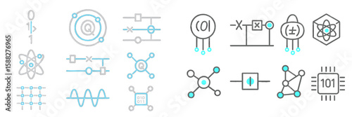 Abstract digital symbols representing technology and science with a modern design in shades of blue and gray