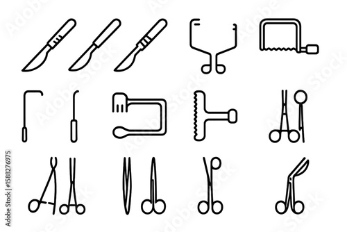 Collection of surgical instruments displayed in a clean, simple layout ideal for medical education or training use