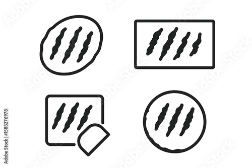 Various styles of grilled food with distinctive sear marks displayed in four unique designs