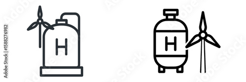 Hydrogen energy symbol with tank and wind turbine for clean power illustration