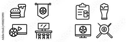 Football themed icons reflecting a fun pub atmosphere with food, drinks, and viewing options for games during the weekend