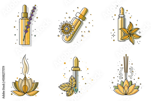 Aromatherapy icon set for blogs, websites, clipart, wellness, spa, relaxation, essential oils, educational and awareness materials, presentations