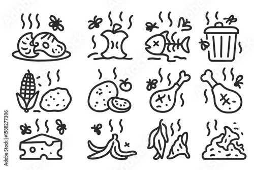 Various food items illustrated with flies, depicting waste and spoilage in a creative style