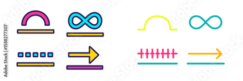 Colorful line art symbols representing infinity, direction, and curves in contemporary design style