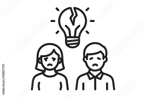 Facial expressions of disappointment as a broken light bulb symbolizes lost ideas during a brainstorming session